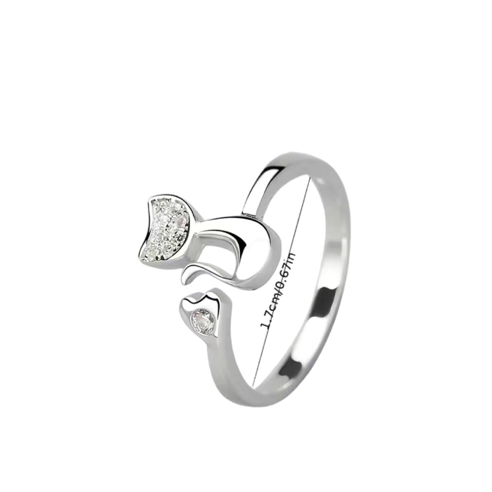 Silver Cat Open Cuff Ring With Rhinestone Accents - image 3
